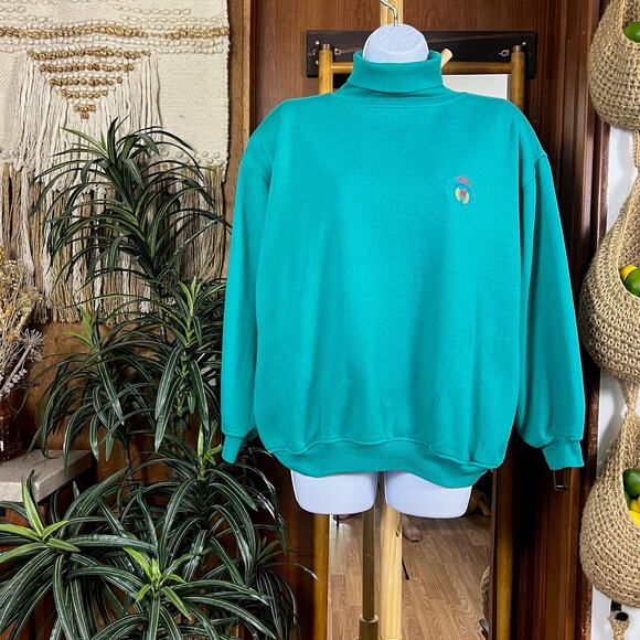 Vintage Nordstrom Lingerie Teal Mock Neck Sweatshirt L | Embroidered Crest Korea - Picture 1 of 13